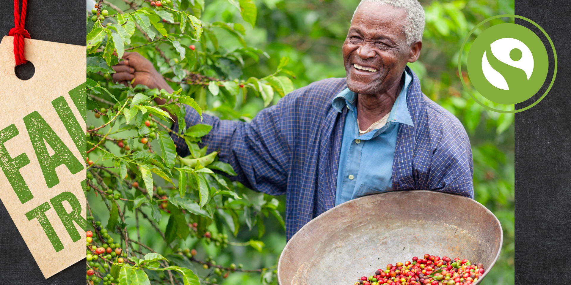 Aafrika farmer korjamas kohviube, fair trade logo ja silt