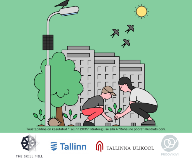 rohepööre roheline taust, inimesed linnas istutamas taimi, päike, linnud